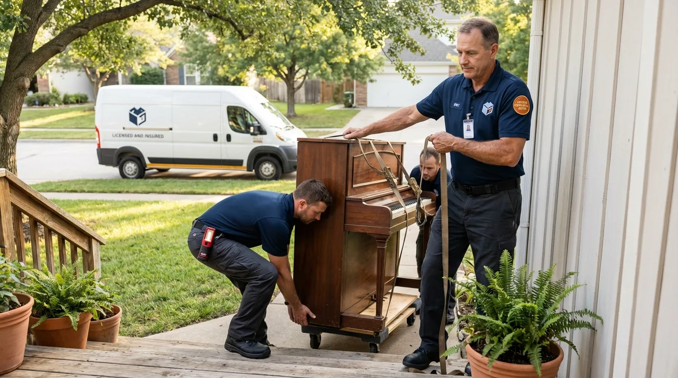 Licensed piano movers securing grand piano in Rangely, CO
