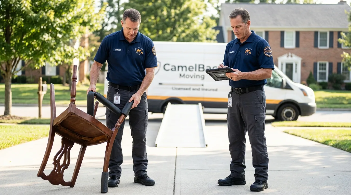Movers inspecting furniture for damage prevention before loading in Rangely, CO