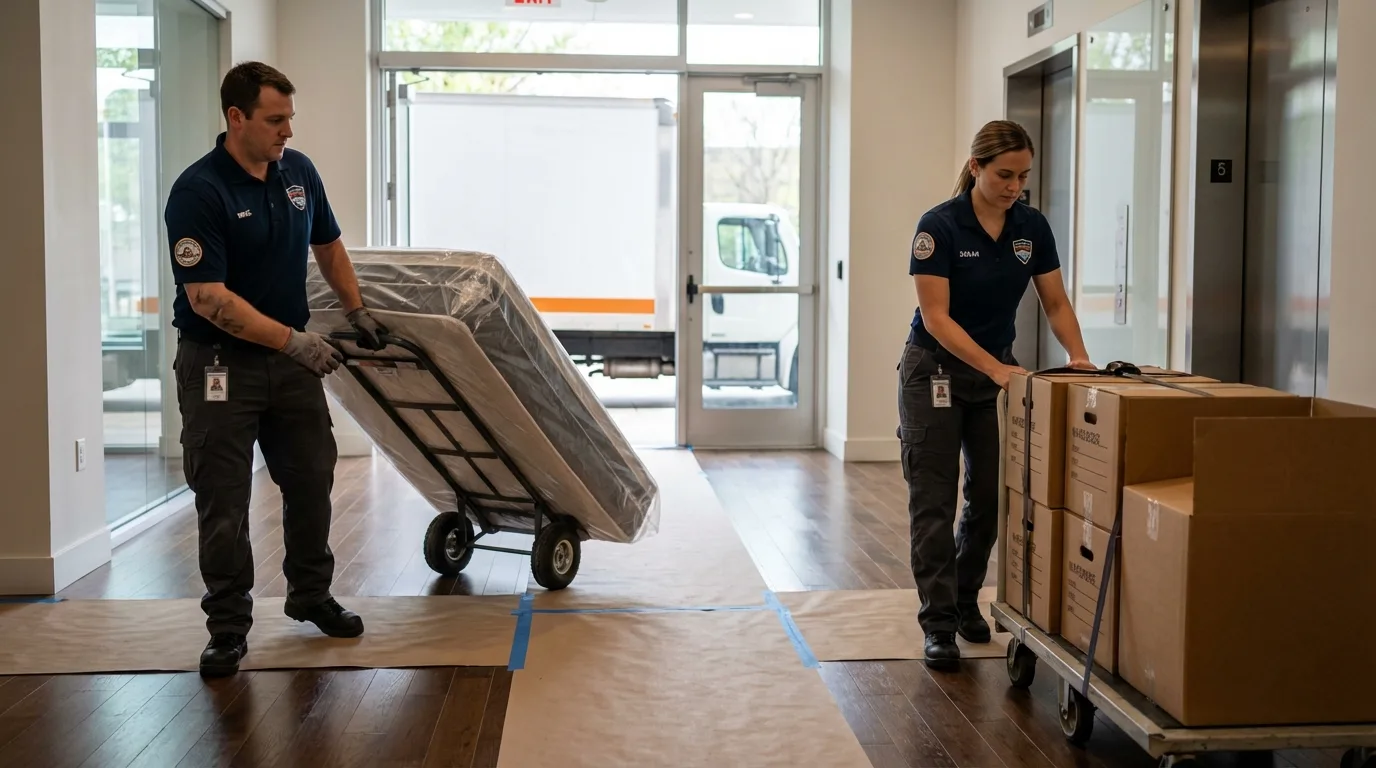 Professional apartment movers loading elevator in Rangely, CO