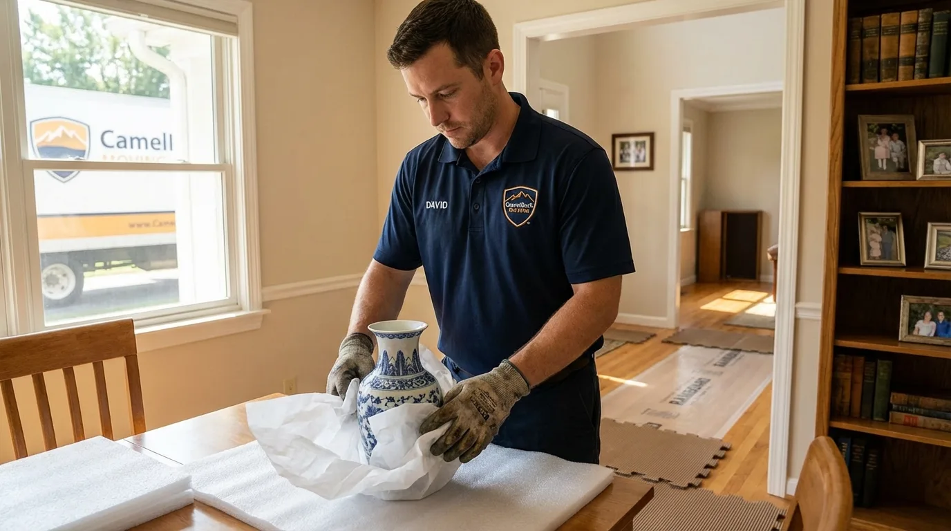 Professional crew carefully wrapping antique vase for senior downsizing move in Rangely, CO